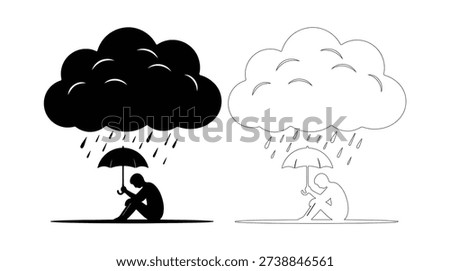Depressed human figure under umbrella raining cloud black white icons