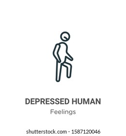 Depressed human outline vector icon. Thin line black depressed human icon, flat vector simple element illustration from editable feelings concept isolated on white background