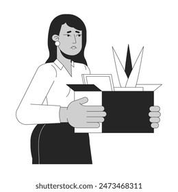 Depressed indian female losing job black and white 2D line cartoon character. Sad hindu female dismissed isolated vector outline person. Unemployment crisis monochromatic flat spot illustration