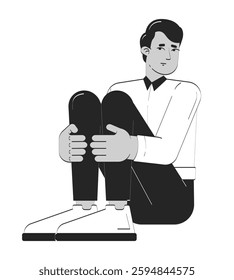 Depressed indian man corporate employee doodle linear character. Pensive male entrepreneur sitting hugging knees 2D vector outline person isolated. Hand drawn drawing illustration monochrome