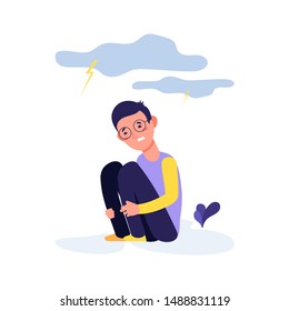 Depressed kid. Crying boy, tired sad child. Overworked child vector character