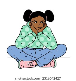 Depressed kid looking lonely. Sad little girl sitting alone. Illustration of a sad child, helpless, bullying and feeling hurt and guilty.