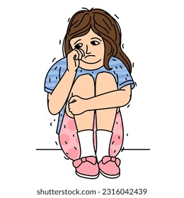 Depressed kid looking lonely. Sad little girl sitting alone. Illustration of a sad child, helpless, bullying and feeling hurt and guilty.