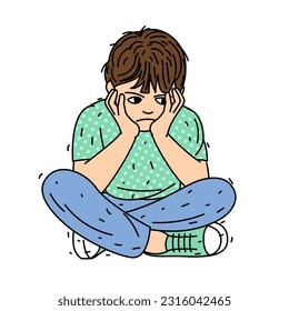 Depressed kid looking lonely. Sad little boy sitting alone. Illustration of a sad child, helpless, bullying and feeling hurt and guilty.