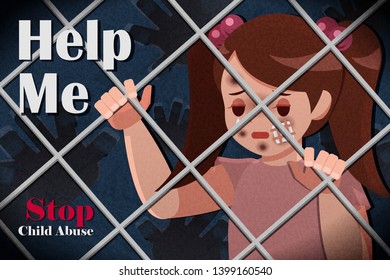 depressed little girl grasp the fence with child abuse issue on dark background