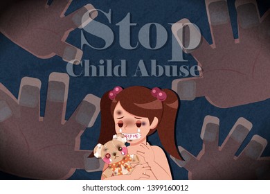 depressed little girl hug the tattered bear with child abuse issue on dark background