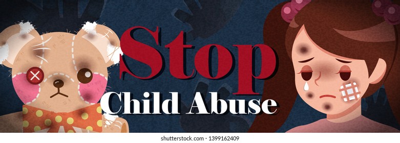 depressed little girl and tattered bear with child abuse issue on dark background