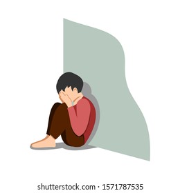 Depressed little kid sitting alone. An unhappy little boy sat and covered his face with his palm. Depressed teenager. Flat illustration design.