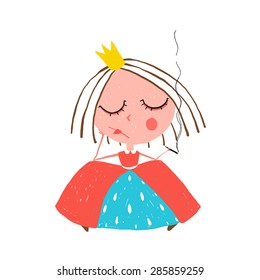 Depressed Little Princess Smoking Cigarette. Child smoking cigarettes social problem conceptual illustration. 