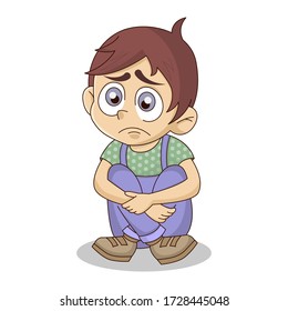 Depressed lonely cartoon boy sitting alone on the floor. Sad or bored child.   Vector illustration, isolated white background.