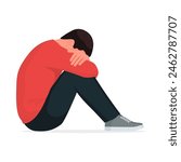 Depressed lonely man sitting on the floor and crying, mental health concept, isolated