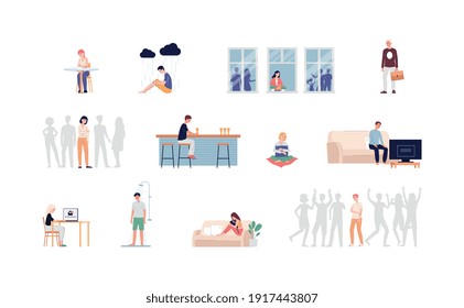 Depressed lonely men and women cartoon characters set in various daily situations. Loneliness and solitude problem, flat vector illustration isolated on white background.