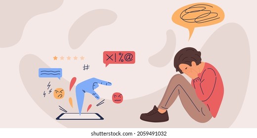 Depressed lonely young man, a victim of Internet bullying, is sitting in front of a laptop, covering his face with his hands.Victim of mass media, cyber-bullying, online violence.Eps 10