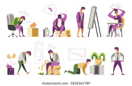 Depressed loser businessman with empty pockets flat icons set isolated vector illustration