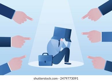 Depressed loser businessman sitting alone covering head with box because of shame to people. Heavy responsibility, bankruptcy or failed businessman concept. Bullying, blaming at work. flat vector