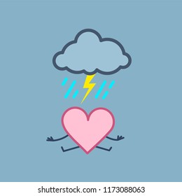 Depressed love. Vector concept illustration of sad heart with symbol of thunder cloud with lighting and raining above | flat design linear infographic icon on blue background