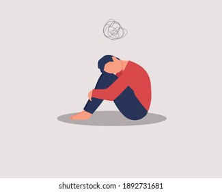 Depressed male character sitting on floor and hugging knees, above  scribble. Mental health concept. Depression, bipolar disorder, dementia, obsessive compulsive, post traumatic stress disorder.