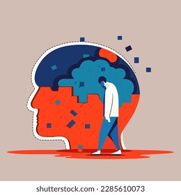 Depressed man with anxious thoughts. Concept vector illustration.