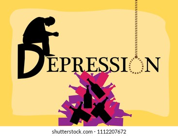 A Depressed Man Between a balance of life and death concept. Editable Clip Art.