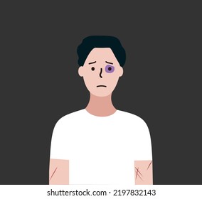 Depressed man with black eye and scars suffering from Abuse and Bullying. Social problem, Violence, intimidation concept. Flat vector illustration for Landing page, banner, poster.