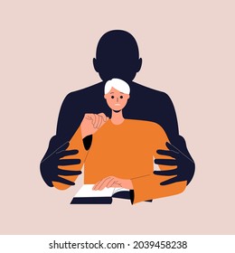 Depressed man with a black silhouette of a man standing behind him and putting his hands on her shoulders. The concept of depression, mental disorder, burnout at work. Eps 10