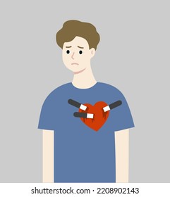 Depressed Man With Bleeding Red Heart Stabbed By Knifes. Sad Boy Feeling Heart Broken. Relationship, Love Dating, Mental Health, Break Up Concepts. Flat Cartoon Vector Design Isolated Illustration.