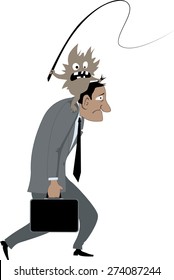 Depressed man carrying a mad demon with a whip on his shoulders as a metaphor for psychological problems or addiction, vector illustration, no transparencies, EPS 8