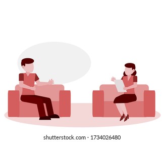 Depressed man Client Character Sitting on Couch at Psychologist Appointment for Professional Help.Vector illustration of a doctor talking about an expert talking to patients with mental health problem