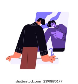 Depressed man criticize reflection in mirror. Angry male hate yourself, self blame. Person with inner flagellation. People with mental problems. Flat isolated vector illustration on white background
