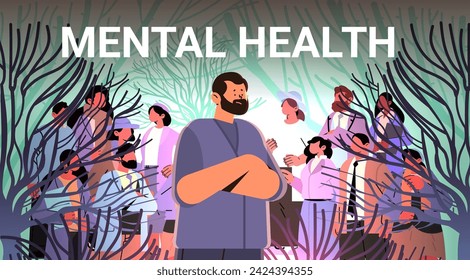 depressed man with crossed arms sad guy suffering from psychological diseases anxiety mental health awareness month concept