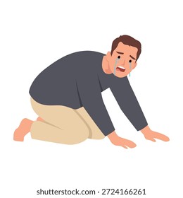 Hombre deprimido llorando en el suelo. Ilustración vectorial plana aislada sobre fondo blanco