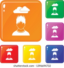 Depressed man with dark cloud over his head icons set collection vector 6 color isolated on white background
