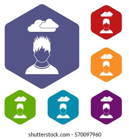 Depressed man with dark cloud over his head icons set rhombus in different colors isolated on white background