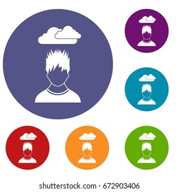 Depressed man with dark cloud over his head icons set in flat circle reb, blue and green color for web