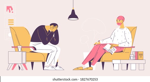 Depressed man during psychotherapist consultation. Smiling doctor in minimalistic interior. Outline illustration about people at psychotherapy