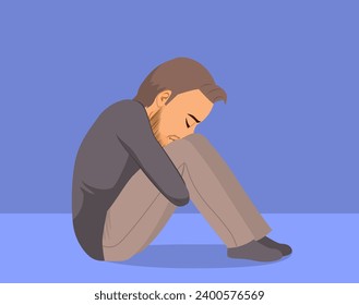 Hombre deprimido sintiendo ilustración vectorial azul. Persona ansiosa con un estado mental negativo