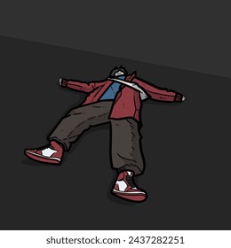 Depressed man guy boy laying and relax on the ground with jacket t shirt sneakers pants isolated on dark grey background vector modern illustrations