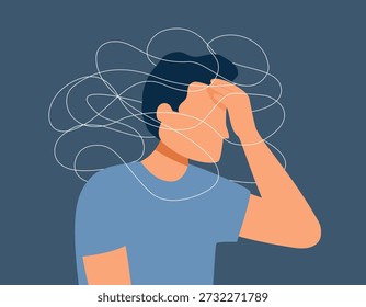 Depressiver Mann mit Hand auf dem Kopf, der sich erschöpft fühlt und einen Zusammenbruch mit Gehirnnebel, Migräne und psychischen Gesundheitsproblemen hat, Vektorgrafik