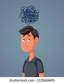 Depressed Man Having Tangled Thoughts Vector Cartoon Illustration. Unhappy anxious guy having dark thoughts feeling confused
