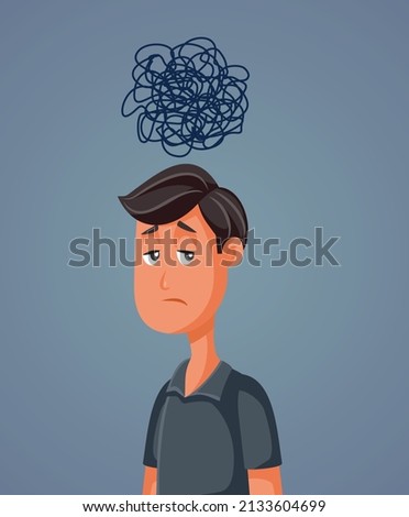 Depressed Man Having Tangled Thoughts Vector Cartoon Illustration. Unhappy anxious guy having dark thoughts feeling confused
