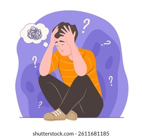Depressed Man Holding Head in Hands with Feeling of Stress Out for Mental Health Concept Illustration