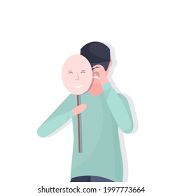 depressed man holding positive mask guy covering face emotions behind mask fake feeling