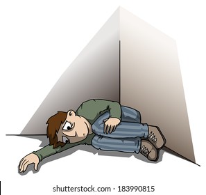 Depressed man, laying in a corner, concept, vector illustration