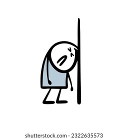 Depressed man leaned his head against the wall. Vector illustration of a desperate or drunk stickman with problems. Hand drawn stick figure character isolated on white background.