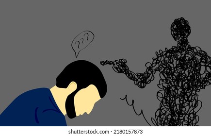 Un hombre deprimido mirando hacia abajo en la confusión, acosado por una guerra suicida. Diseño plano