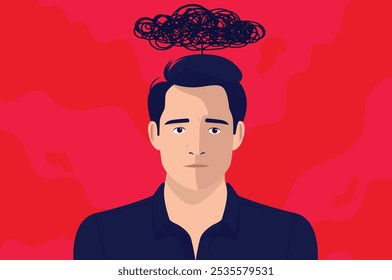 Hombre deprimido - Ilustración de depresión masculina con una persona con cara triste y nube oscura colgando sobre la cabeza. Pensamientos negativos, agotamiento, mente nublada y problemas de salud mental concepto Vector gráfico