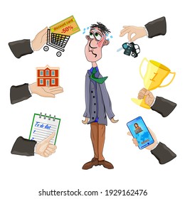 Depressed man with many hands isolated on white background. Multitasking problem with stress, pressure and frustration. Multitasking and productivity concept. Work overload to person. Vector illustration