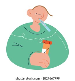 Depressed man measuring body temperature and taking pills during cold season.