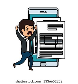 depressed man for money with smartphone and tax documents