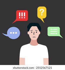 Hombre deprimido con burbujas de discurso negativas. Bullying, salud mental, ansiedad, concepto de desaprobación pública. Ilustración aislada del diseño plano del carácter del Vector.